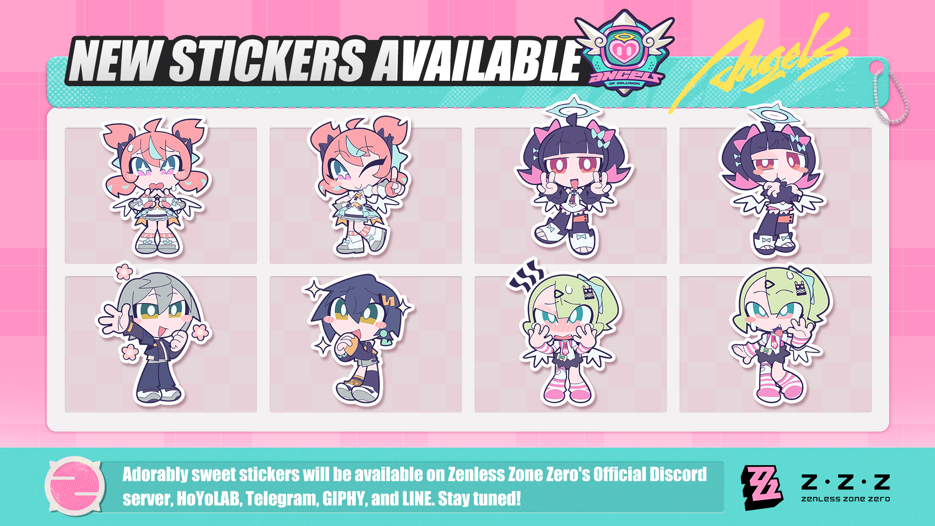 Zenless Zone Zero Sugar Rush Sticker Preview – Four main ZZZ agents with bright, expressive faces, candy-themed backgrounds, highly stylized.