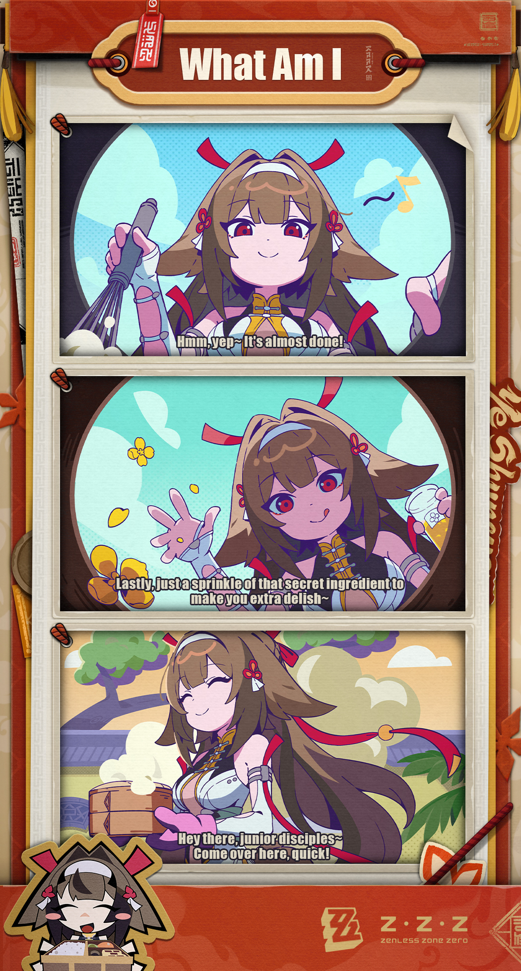 In-game food event with characters enjoying pastries. Expect warm, inviting colors and strong expression to reflect theme.