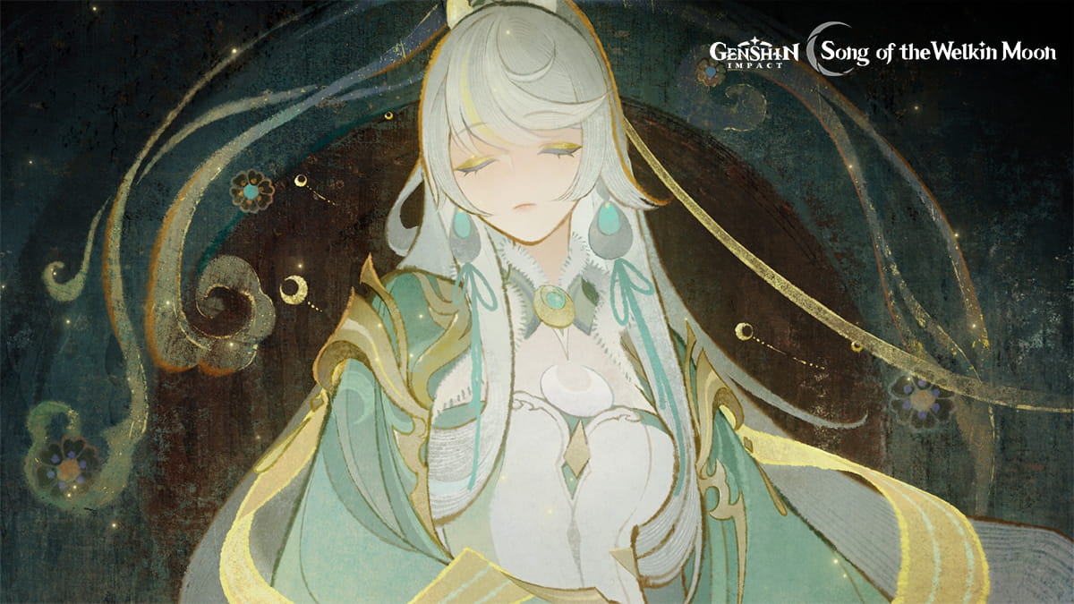 A stylized Genshin Impact landscape: sunset sky, white steed, and distant mountains. Ideal for theme context.