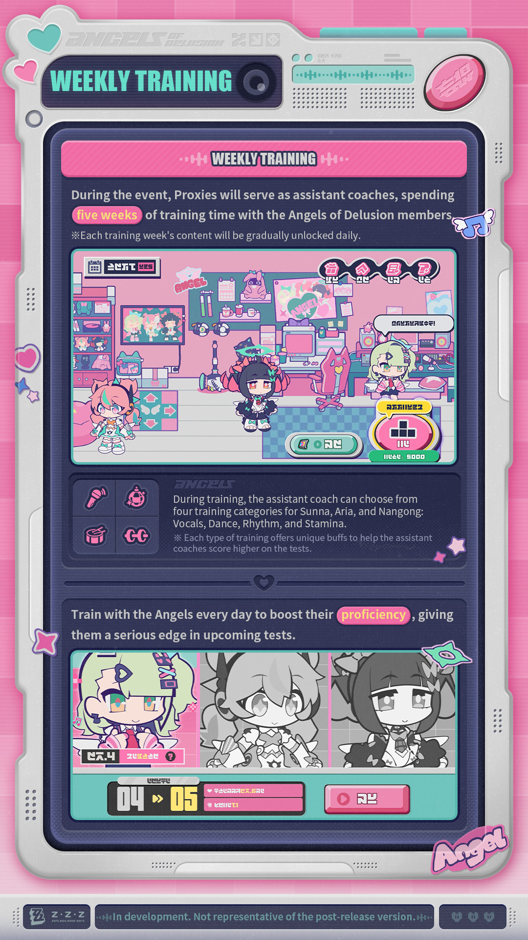 Training equipment and drills set up with coaches demonstrating exercises in-game.