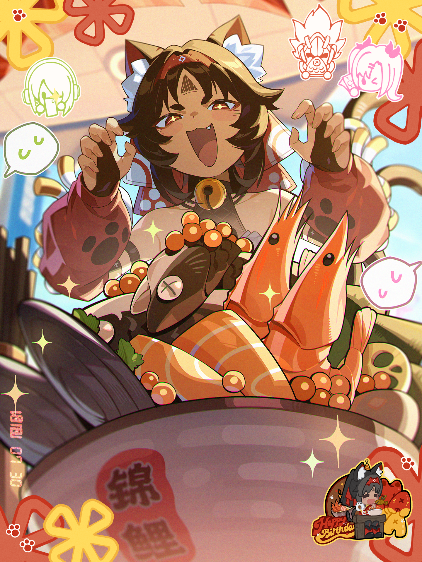 Nicole, Nekomata, and Anby enjoying a seafood feast in Zenless Zone Zero