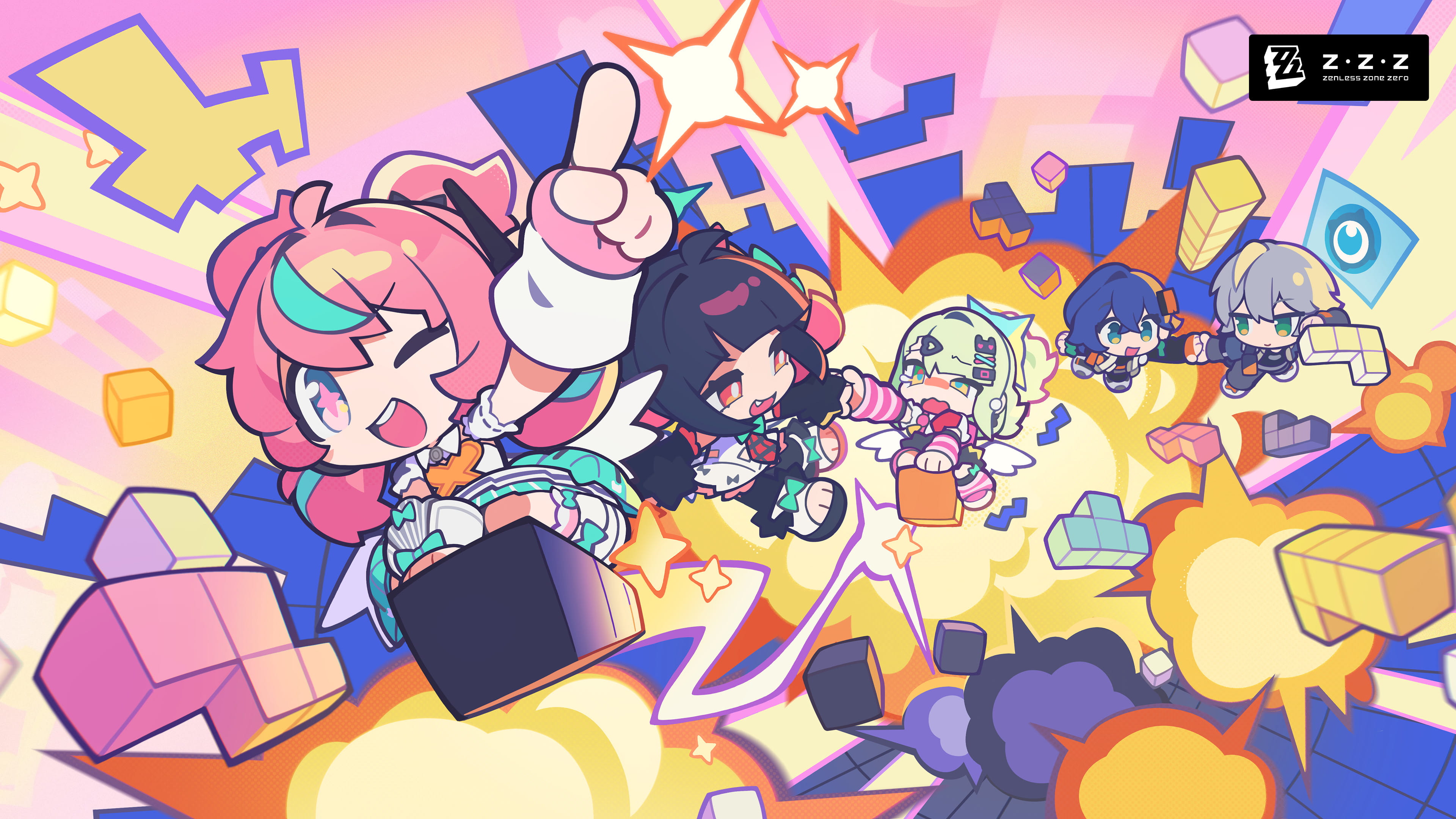 Stylized ZZZ squad posing in a group shot, with high-contrast colors and bold outlines. Official event wallpaper.