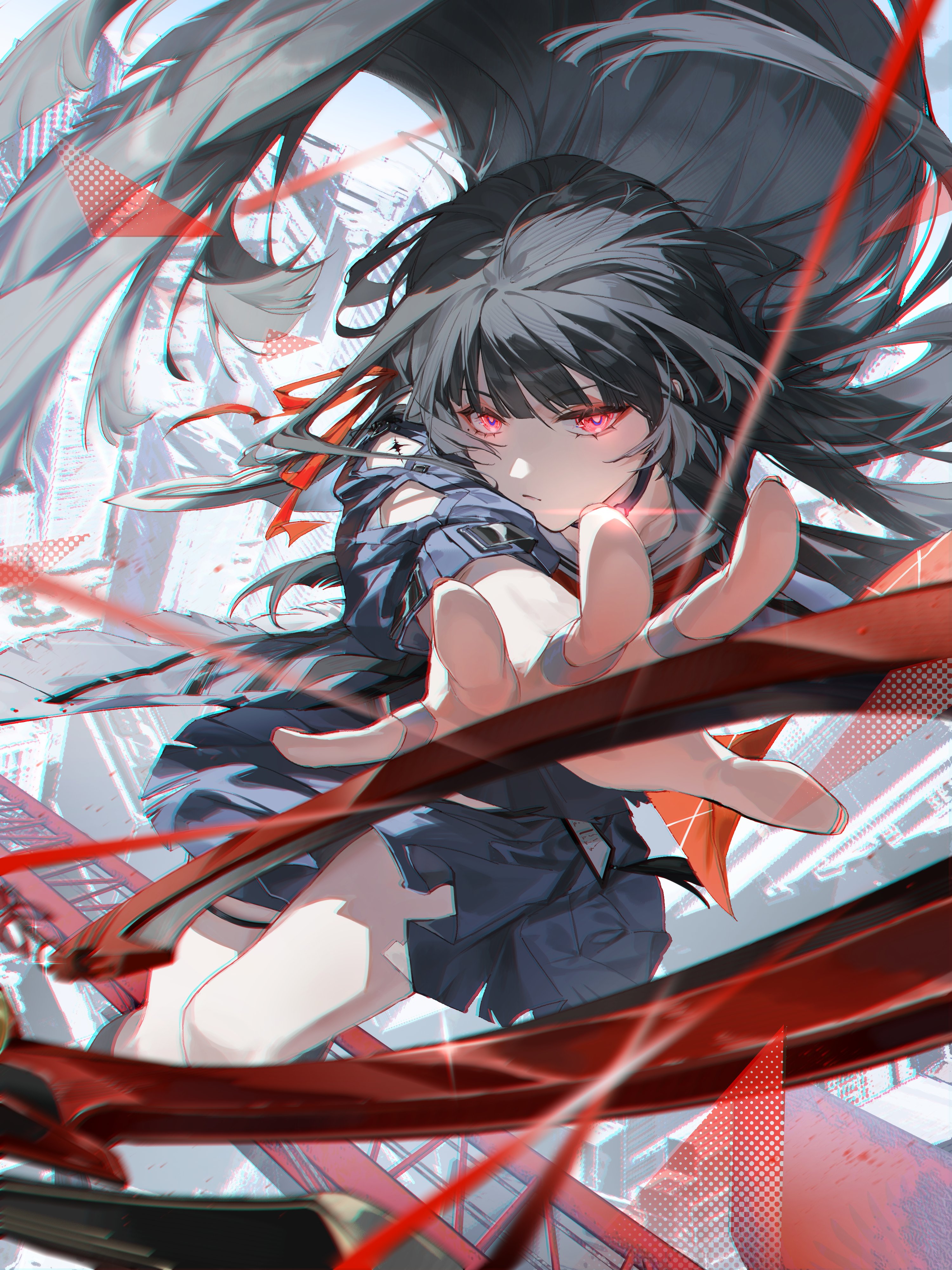 A vivid urban landscape featuring Wuthering Waves' main characters bathed in dramatic sunset light.