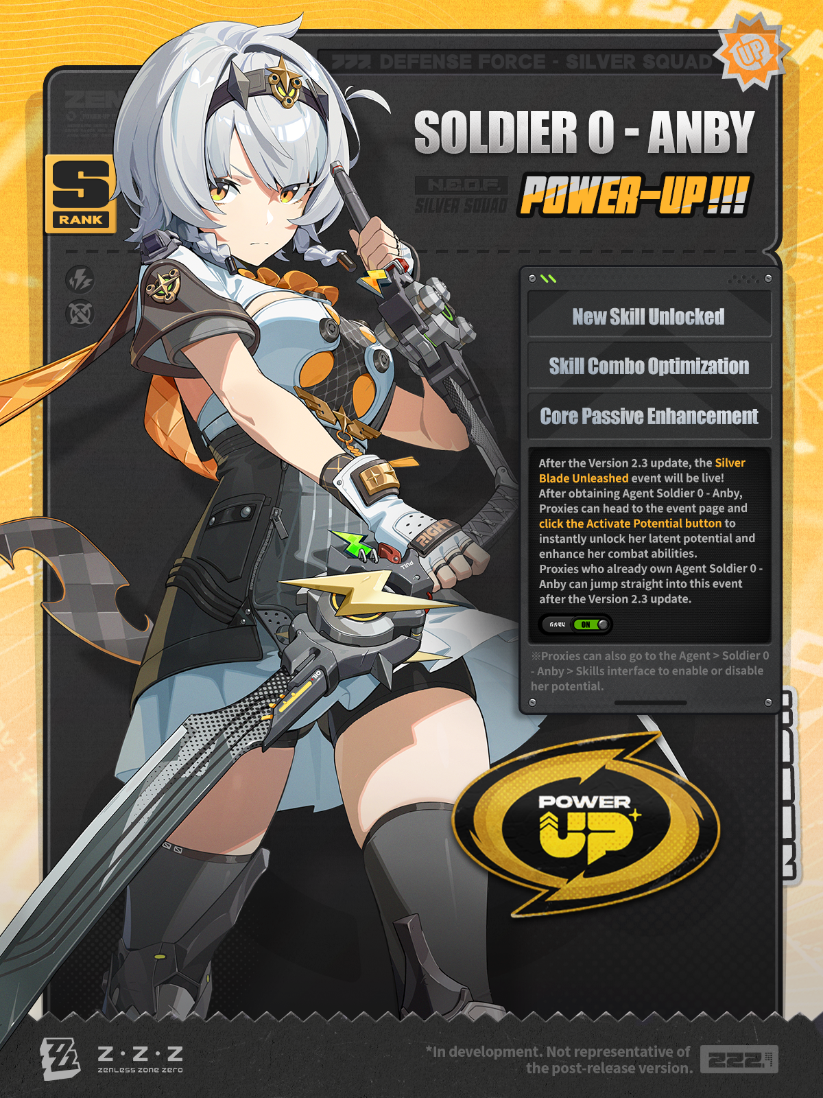 Official Anby character artwork: Full-body portrait with signature dual blades and battlefield stance.