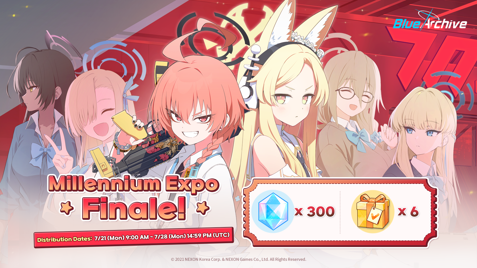 Blue Archive Fest Recruitment Banner featuring Rio, Neru (School), and Hanako (Swimsuit)