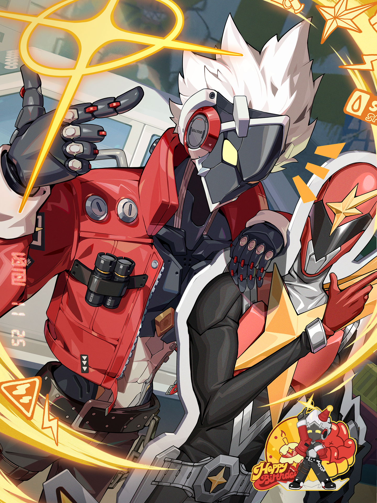 A Zenless Zone Zero character stands beside a life-sized cardboard cutout of Starlight Knight, a stylized mech hero. The scene is indoors, conveying a lighthearted, collectible-focused moment.