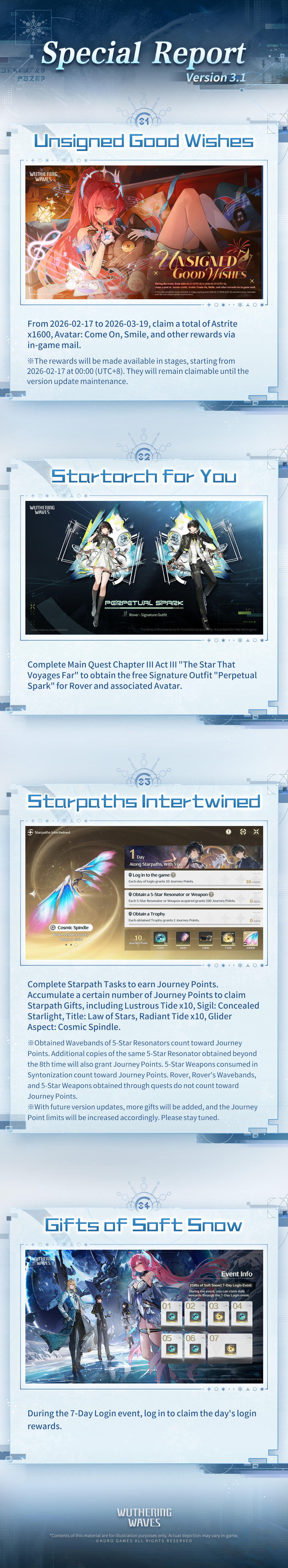 Wuthering Waves 3.1 limited-time event promo, featuring characters on a moonlit stage with in-game banners on display. Alt text: