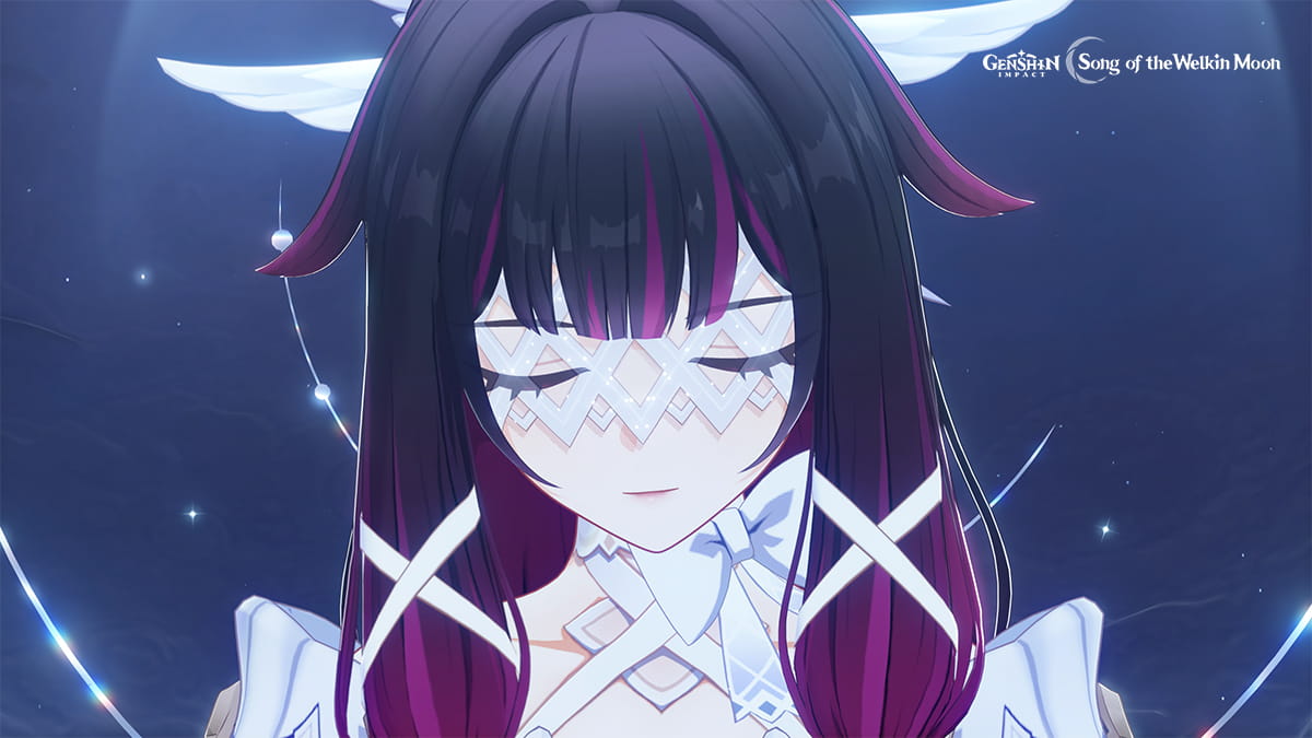 An official Genshin Impact render depicting an enigmatic female character bathed in magenta light, standing beneath a luminous moon, echoing the teaser's themes of temporal shifts and radiant revelations.