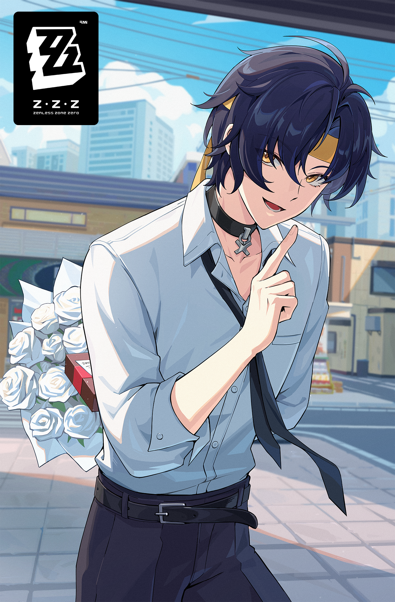 Zenless Zone Zero - New Event Tease, character standing in profile, smiling slyly and dressed in casual attire. The Manager appears surprised and engaged.