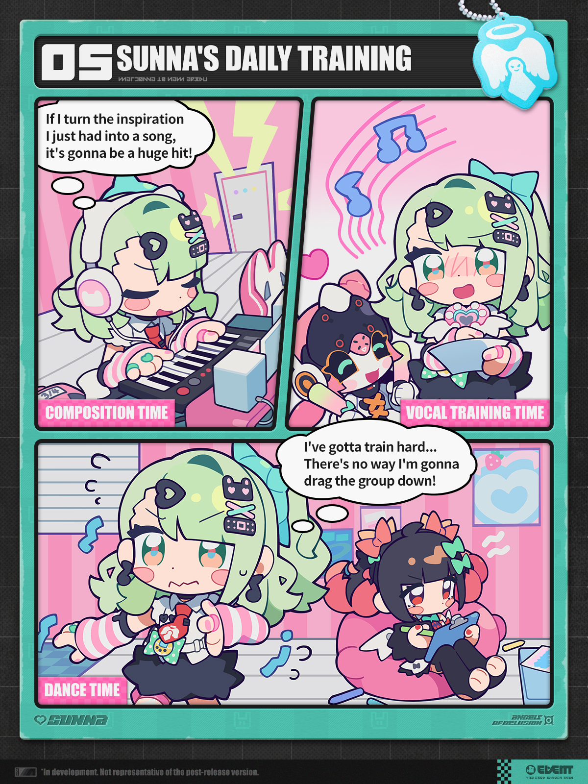 Promotional splash art of Sunna in vibrant attire and musical pose — reinforcing her in-game identity.