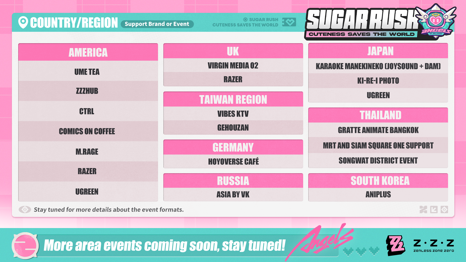 A highly stylized, pastel-colored map overlay highlights specific cooperative event zones for player navigation.