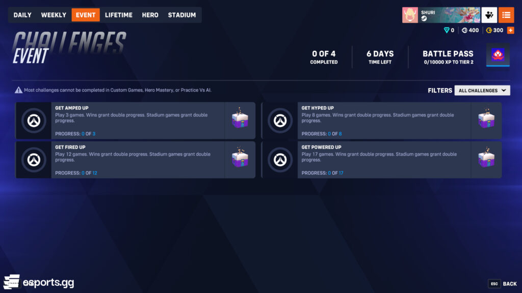 Epic loot boxes event challenges in Overwatch 2 (Screenshot by earlygg.com)