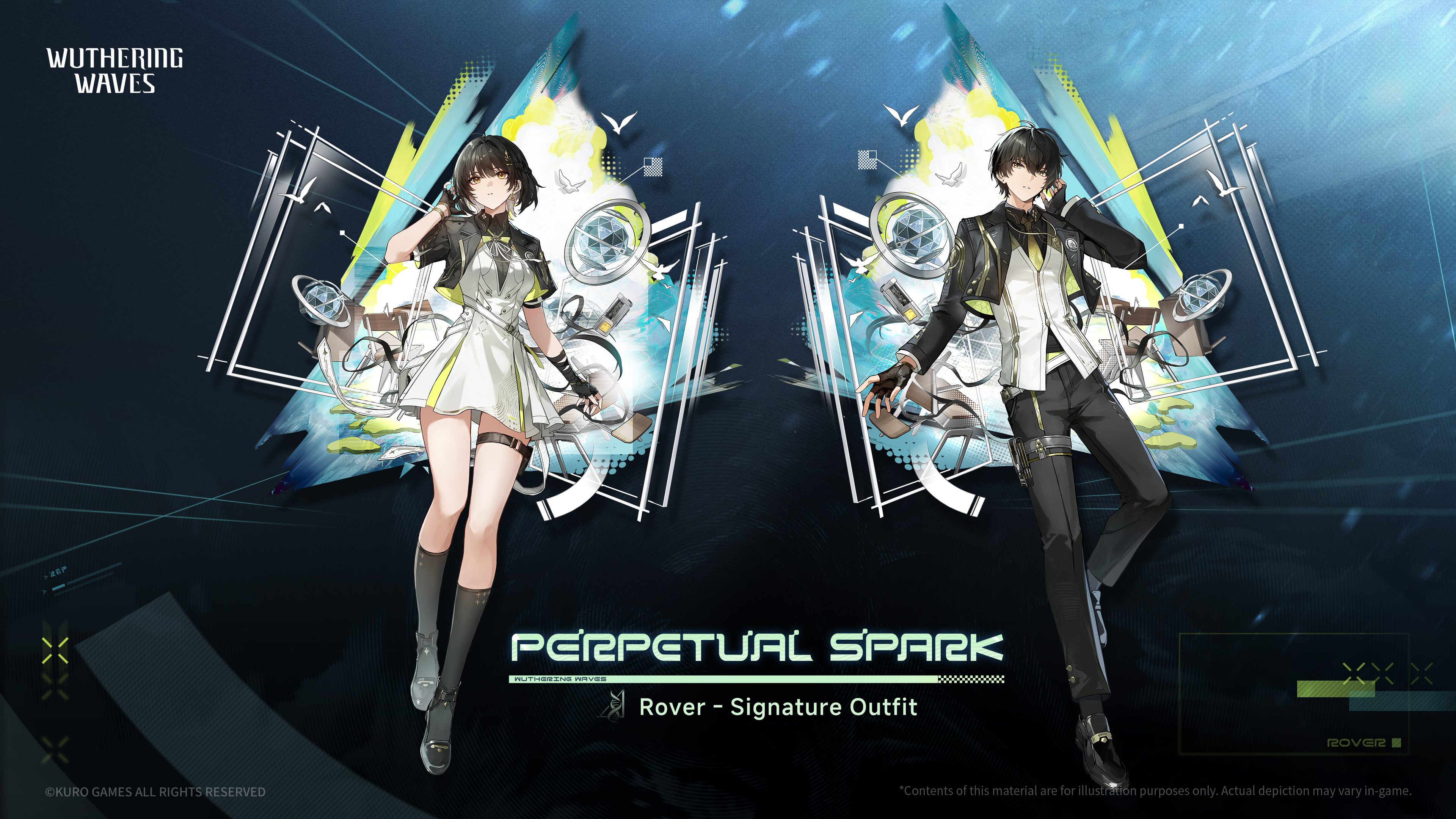 Perpetual Spark skin promotional art, featuring Rover in a black-and-white uniform with gold accents, standing in Startorch Academy. High detail, suitable for guides.