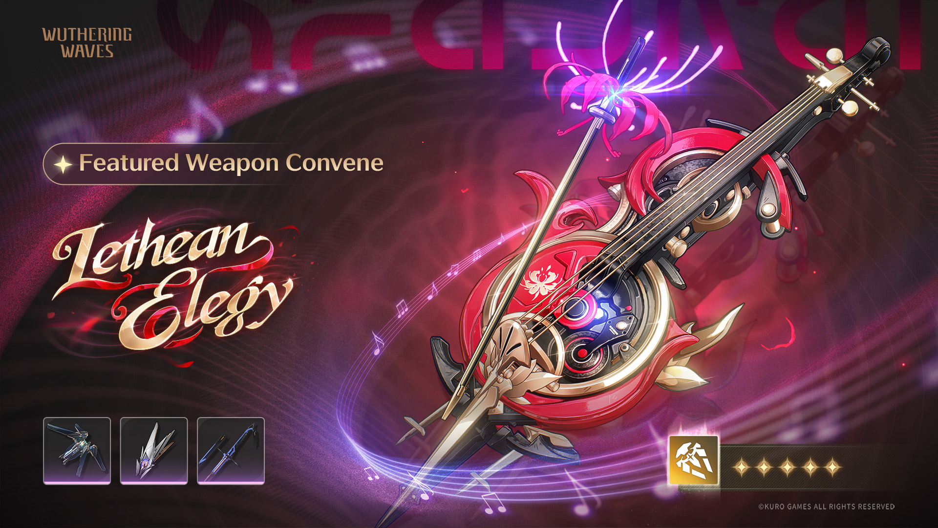 Lethean Elegy, Jinzhou Keeper, Celestial Spiral & Lunar Cutter – official Wuthering Waves event art. Key art of Lethean Elegy, Jinzhou Keeper, Celestial Spiral, and Lunar Cutter against a featured banner backdrop. Lethean Elegy is the centerpiece.