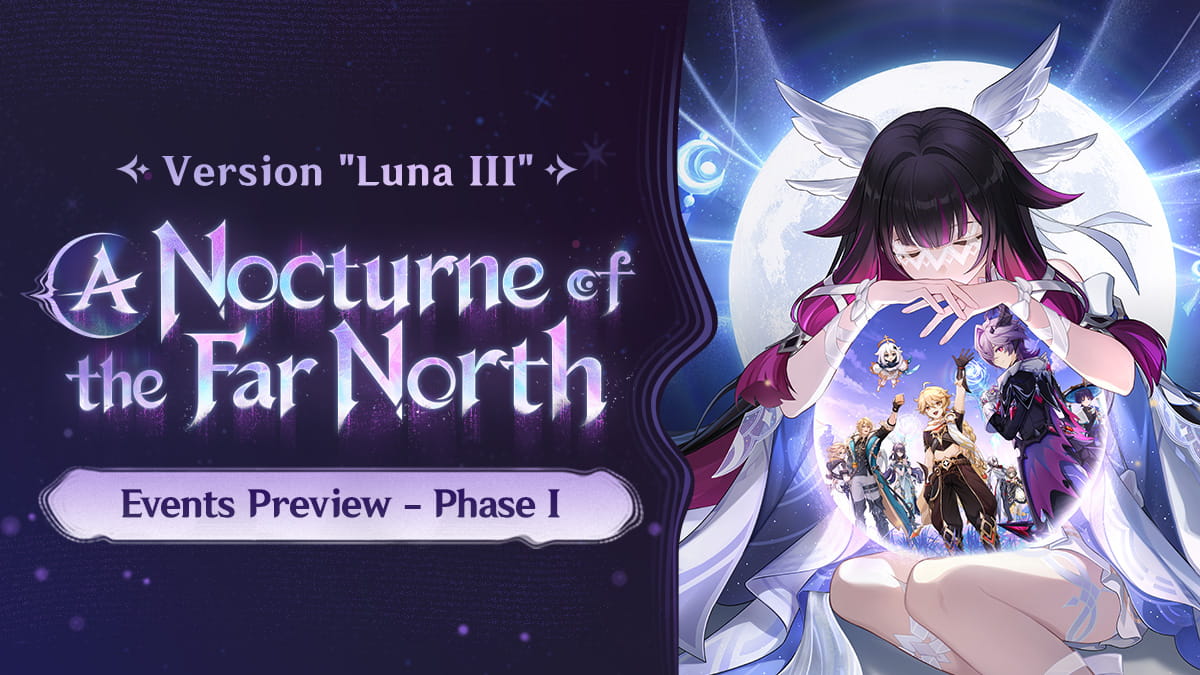 Luna III Key Art – Genshin Impact, features primary event characters and icy Snezhnaya palette