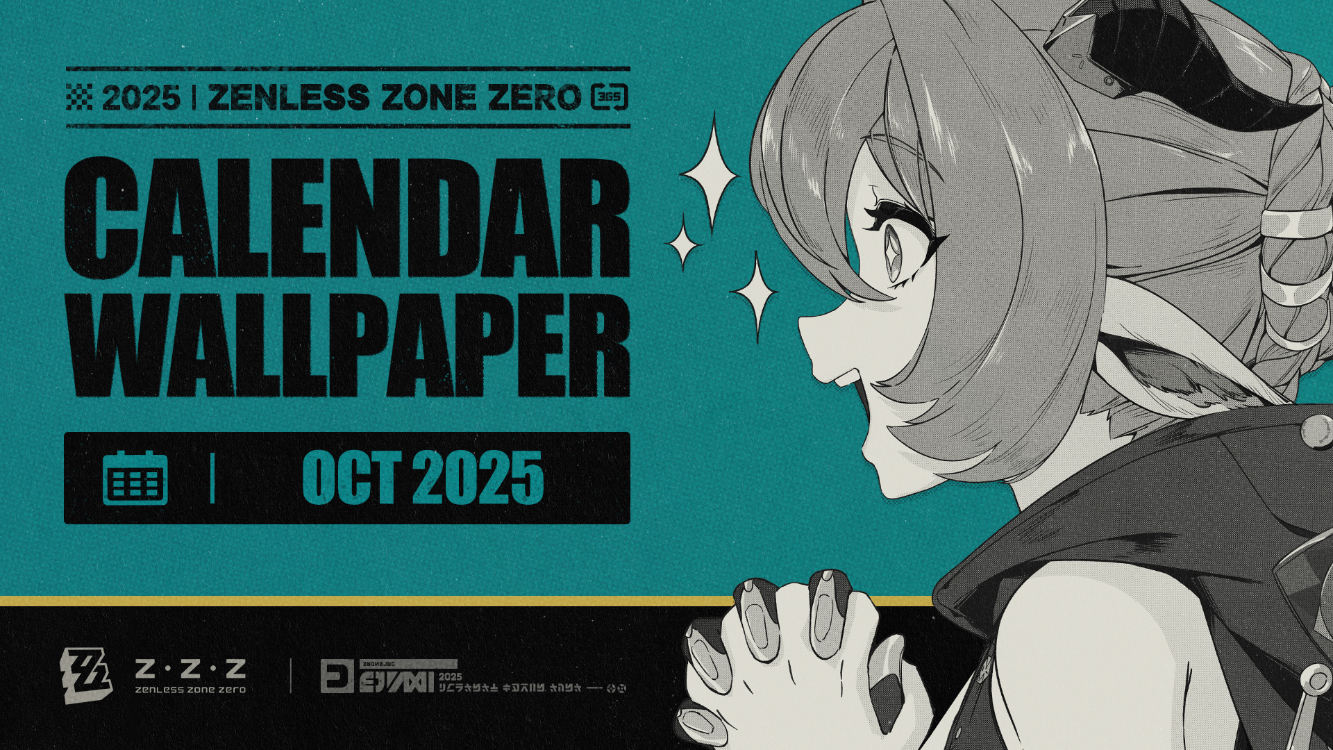Zenless Zone Zero October 2025 Calendar: Central character under night sky, cityscape, calendar at bottom