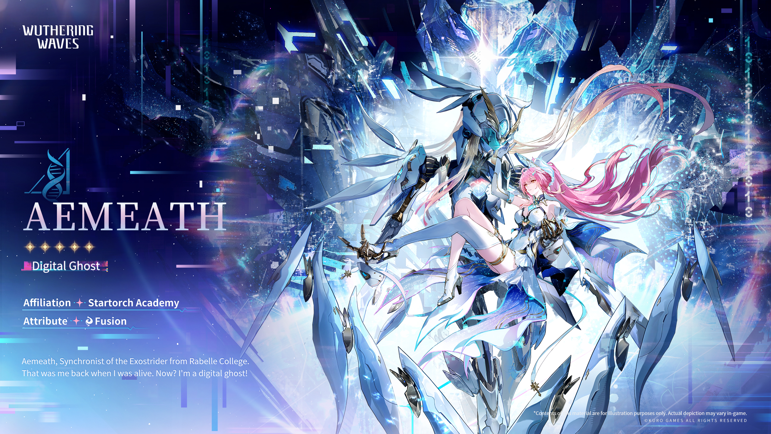 Official illustration of Aemeath: Depicts Aemeath in a digital form, surrounded by intricate blue patterns and advanced cybernetic elements.