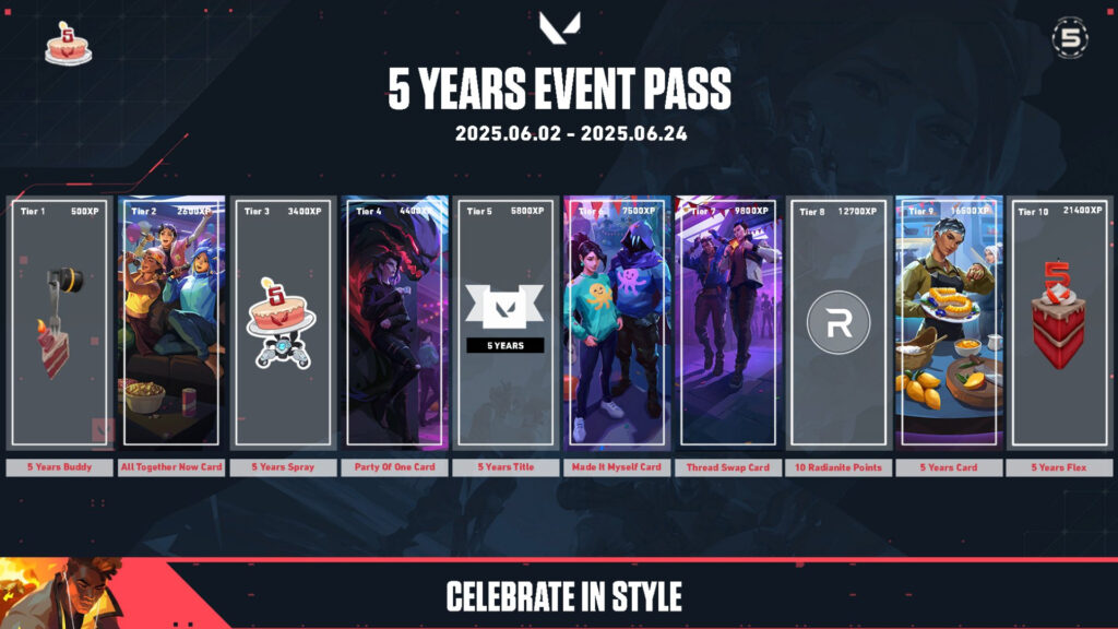 VALORANT 5th Anniversary Event Pass preview showing agent cards and rewards