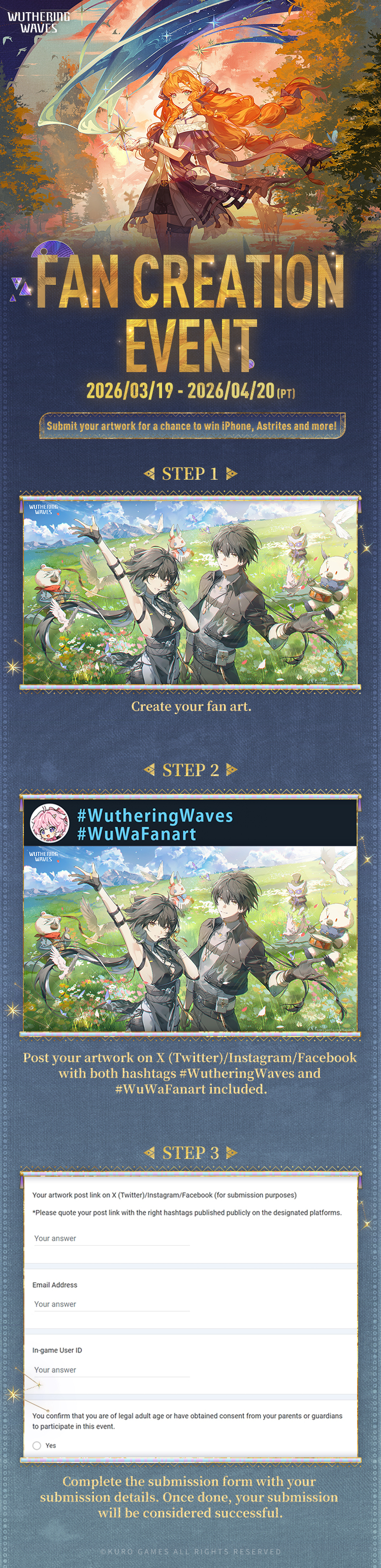 Wuthering Waves event info: illustrated event guidelines and prize tiers in an official infographic with game art background.