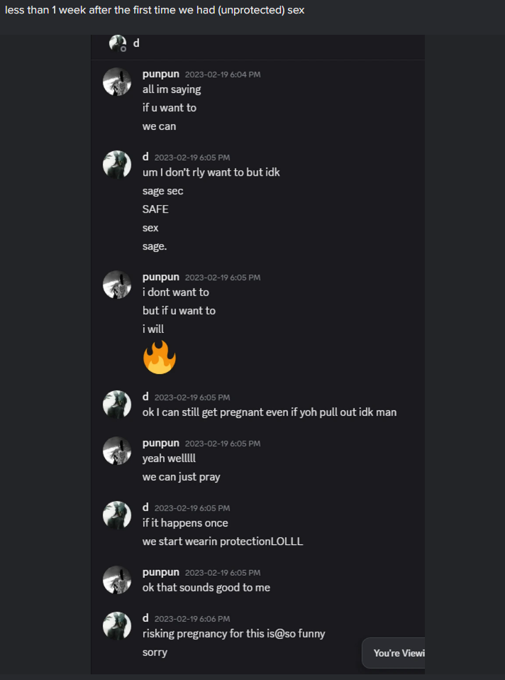 Screenshot of a conversation between florescent and Bricks about unprotected sex