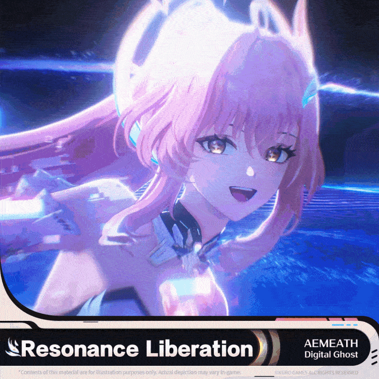 Aemeath animated sequence: Illustrates cyber-linked movements with glowing energy effects.