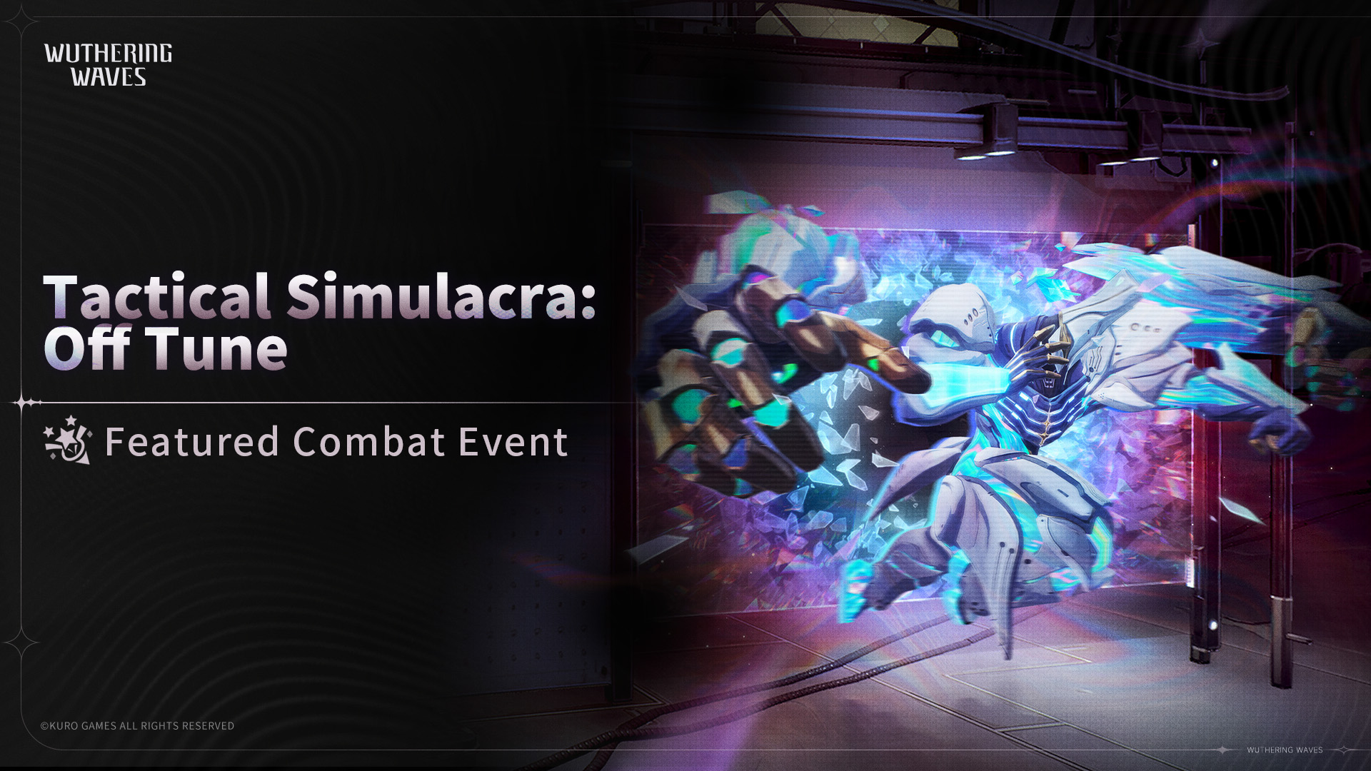 Tactical Simulacra promotional image shows mist-shrouded combatants facing large mechanical enemies in a sci-fi arena. Bright blue buffs and glowing weak points highlight moments of offensive opportunity. Player characters appear mid-attack, poised to break enemy defenses.