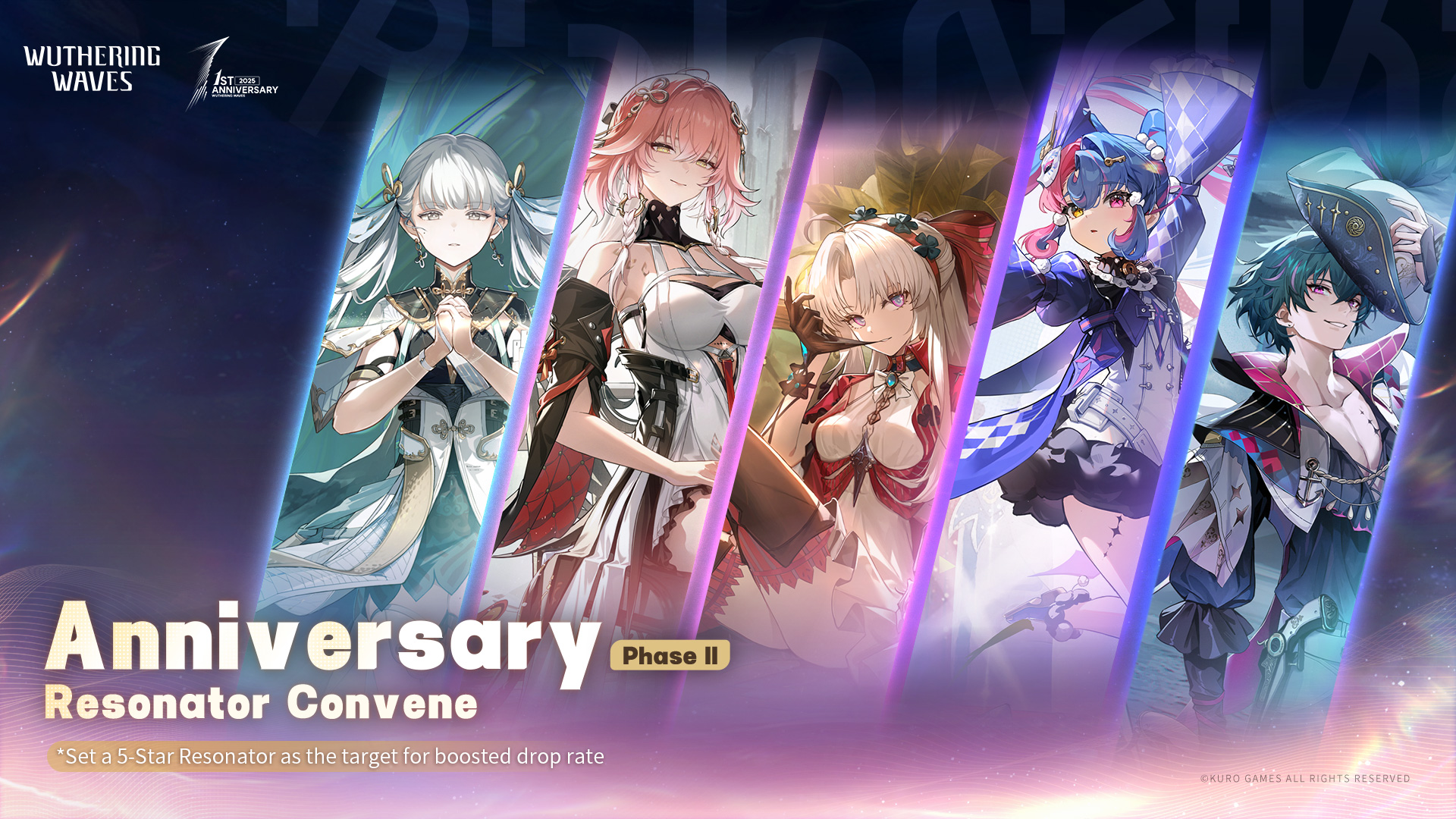Wuthering Waves Anniversary Banner featuring Jinhsi, Changli, Carlotta, Roccia, Brant, Danjin, Yangyang, Mortefi
