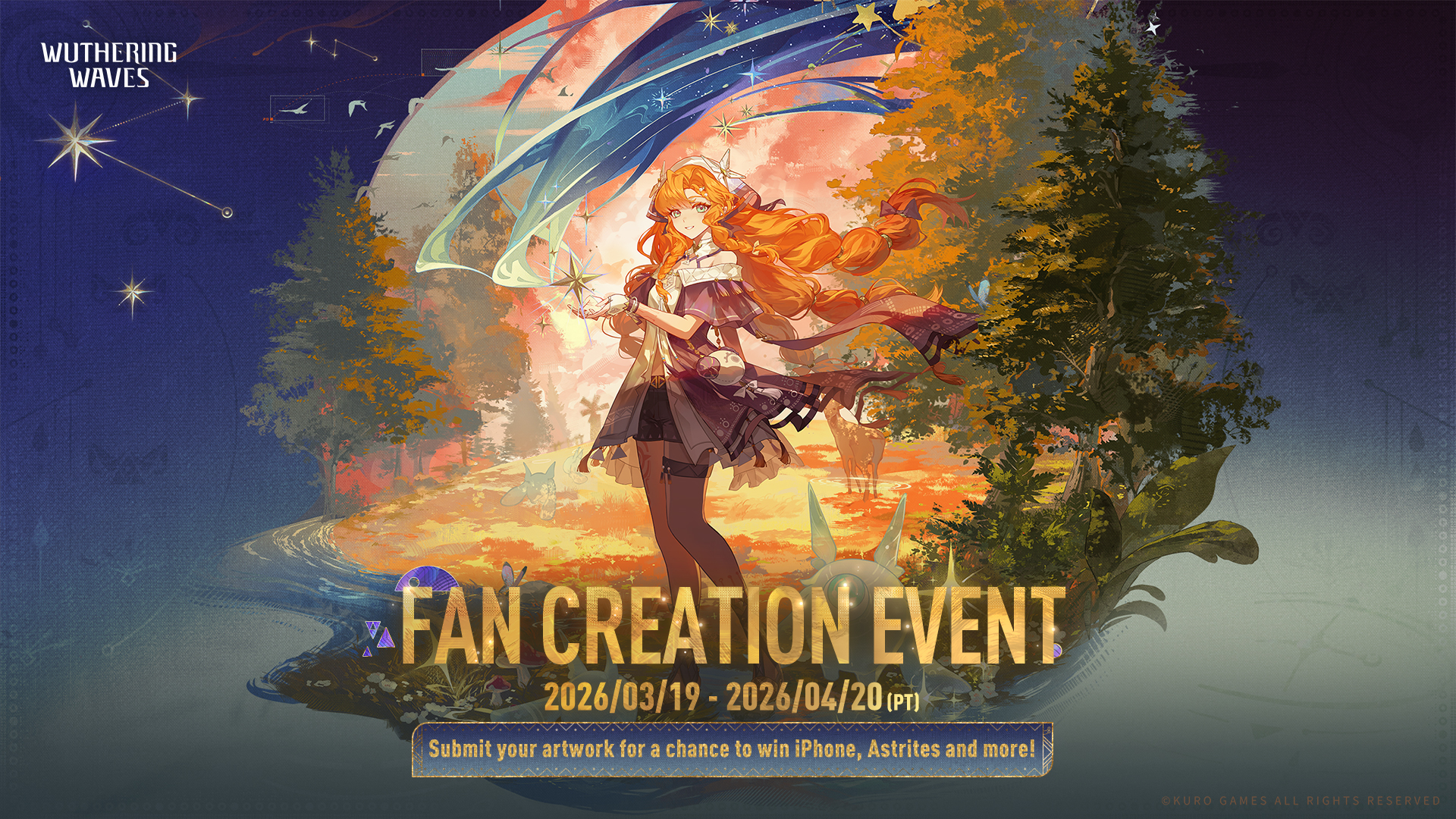 Wuthering Waves official event artwork: a dynamic illustration of game characters set against a dramatic, stylized cityscape, reflecting the creative theme of the 3.2 fan event.