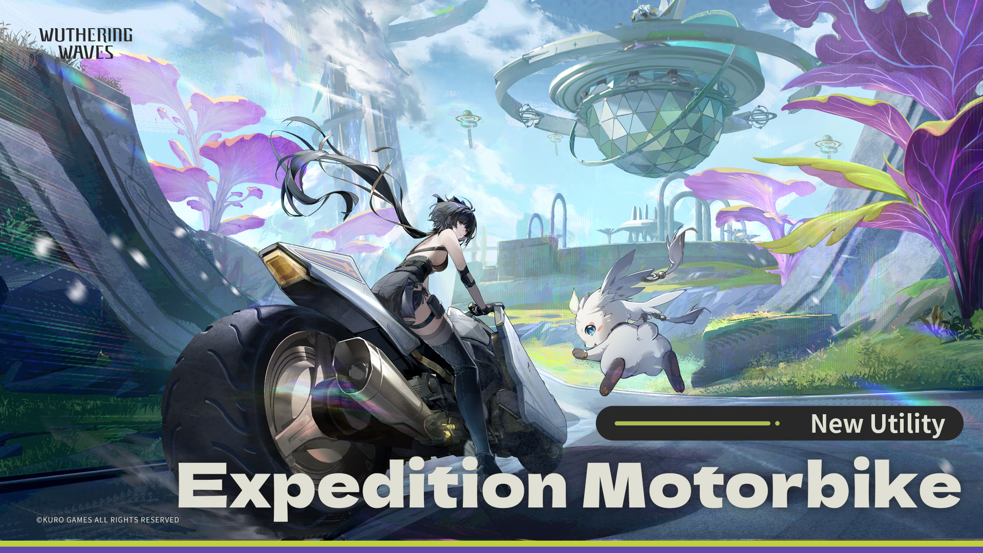 Expedition Motorbike in action, crossing diverse terrain. Alt text: Wuthering Waves' Expedition Motorbike Utility traverses a grassland, highlighting improved exploration speed.