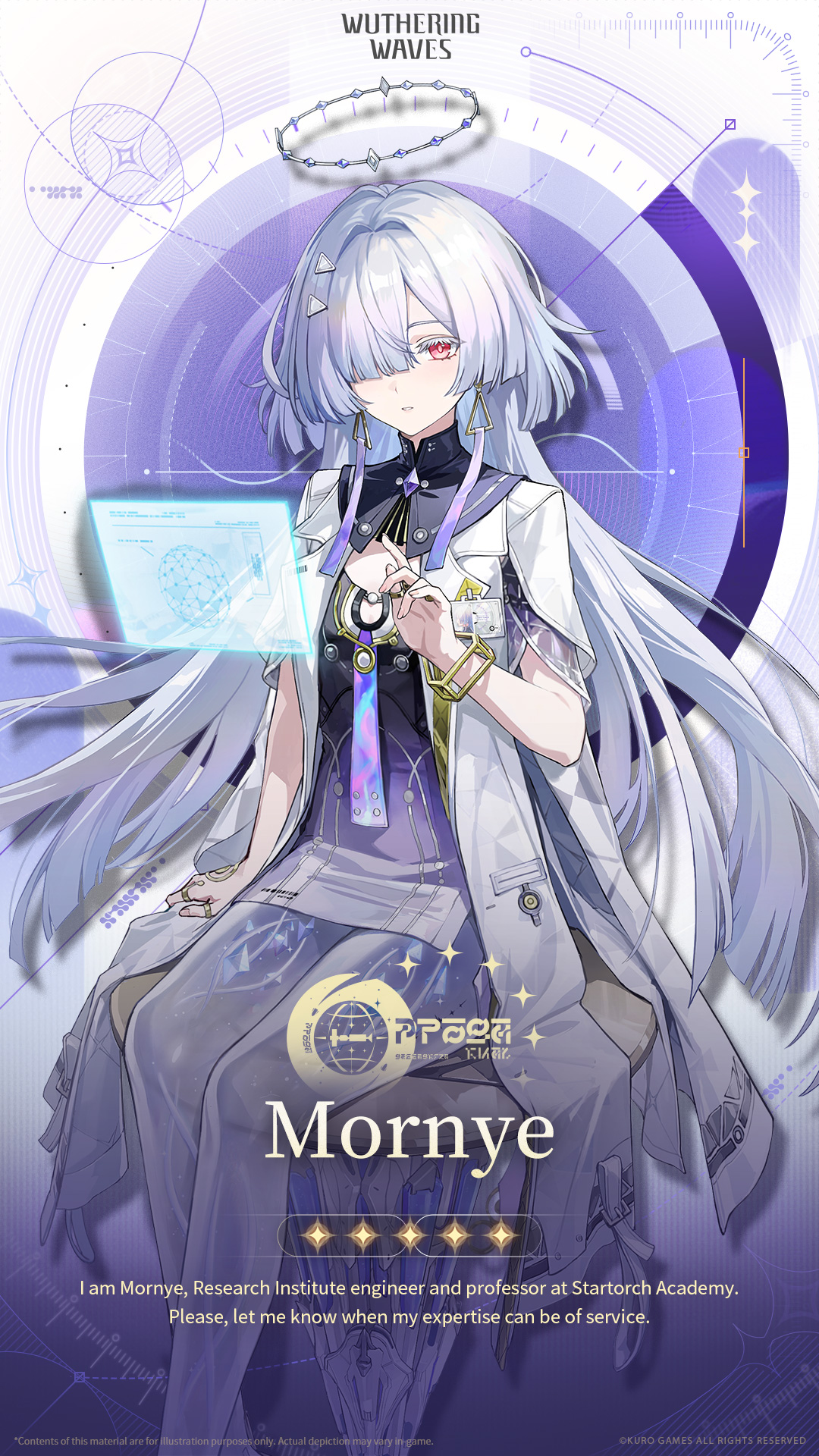 Mornye official artwork; standing, showing her advanced prosthetic legs and lab coat, illustrating her unique design as a Spacetrek engineer - an attractive character option for collectors and meta optimizers.